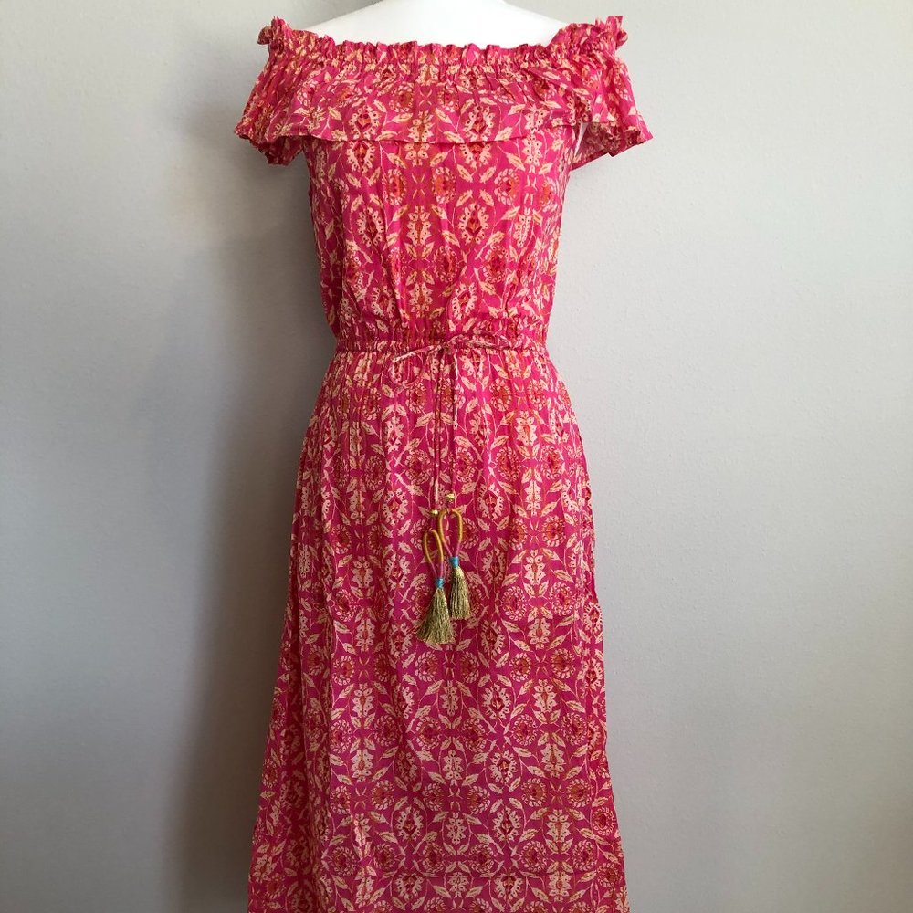 THML Pink Floral Off-Shoulder Maxi Dress with Tassel Tie